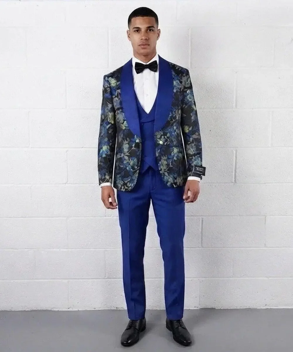 Pietro Scarlatti Mens Suit Tuxedo US 44 EU 54 Floral Blazer Vest Pants Blue T5